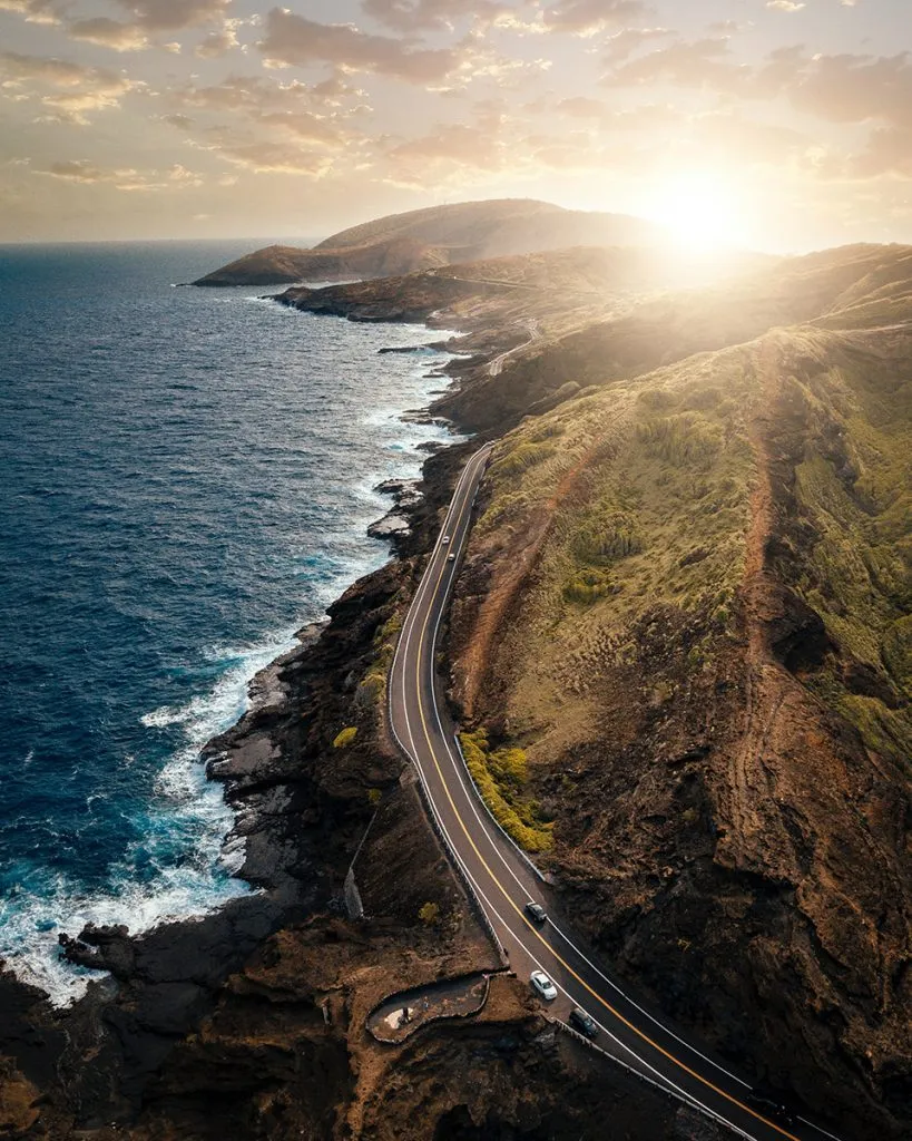 Scenic coastal highway at golden hour